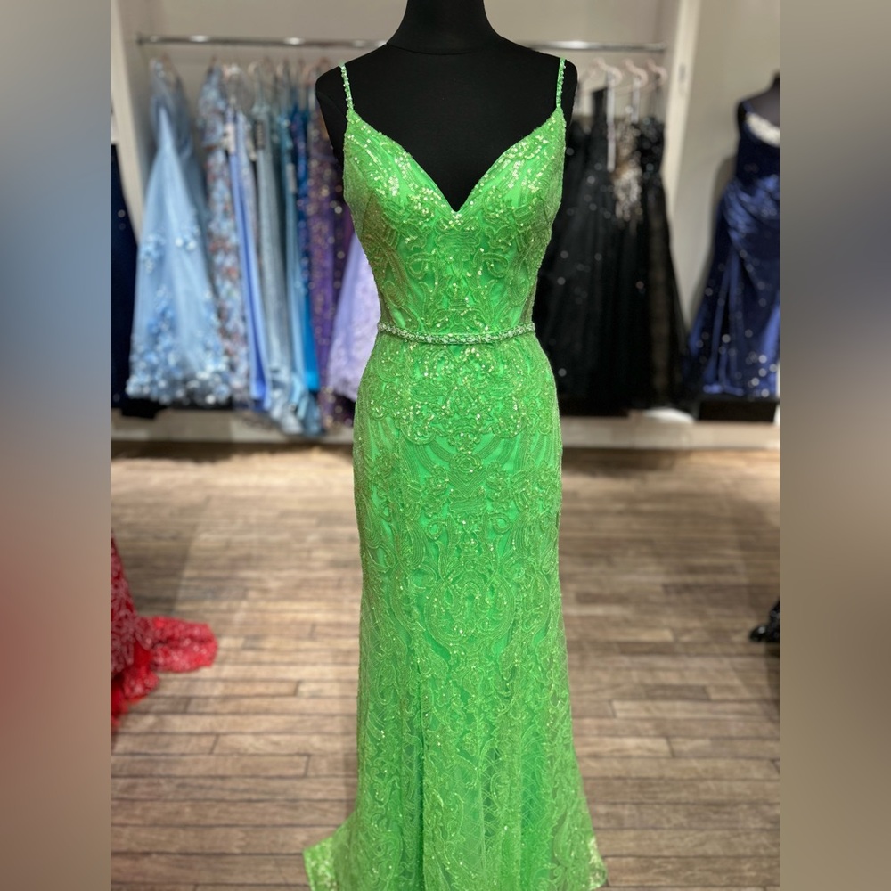 Ellie Wilde Neon Green Beaded Spaghetti Strap Evening Gown